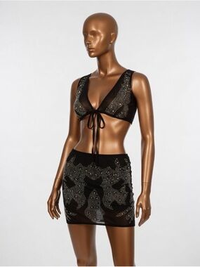 Source Unknown Black Embellished Tie-Front Bralette & Mini Skirt Set